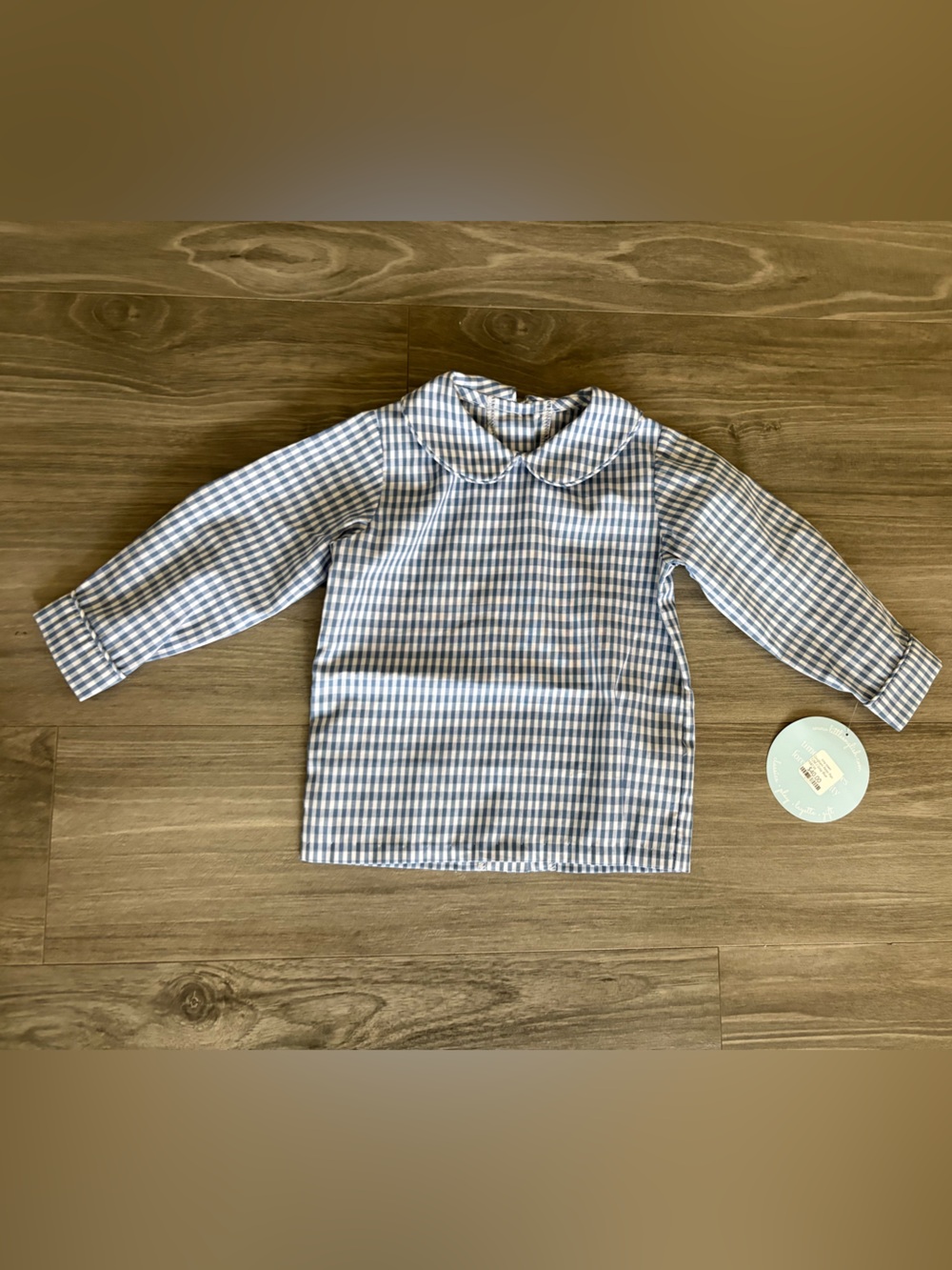 New Little English blue white gingham Peter Pan top shirt checker gingham plaid